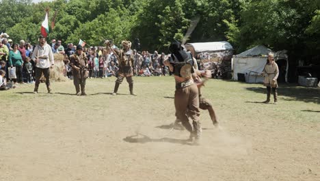 Ancient-Bulgarian-warriors-Bagaturs,-re-enact-violent-battle-swords-scene