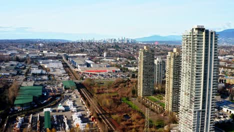 Vista-Of-Burnaby-Cityscape-With-High-Rise-Buildings-And-Brentwood-Town-Centre-Skytrain-Station-In-BC,-Canada