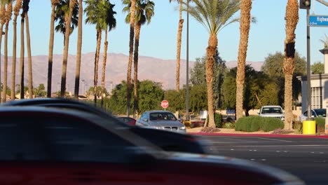 Cars-enter-parking-under-palms-by-busy-street,-La-Quinta,-California