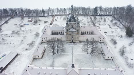 AERIAL:-Pažaislis-Monastery-in-Wintertime-with-Snow-Falling