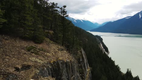 Drone-shot-along-trees-at-Lillooet-Lake-in-British-Columbia,-Canada