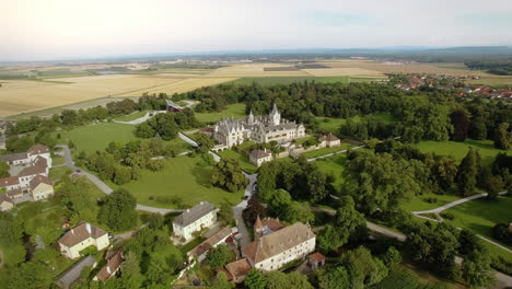 Aerial-Shot-of-Castle-„Schloss-Grafenegg“-in-Lower-Austria