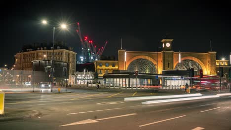 Night-time-lapse-of-traffic-outside-Kings-Cross-Station-at-night