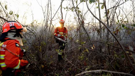 Dos-Bomberos-Luchan-Por-Controlar-Un-Incendio-Forestal-En-La-Sabana-Brasileña