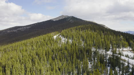 Low-aerial-reveal-forward-of-sunny-and-snow-covered-back-roads-in-the-Colorado-mountains-surrounded-by-bright-green-pine-tree-forests-with-blue-skies