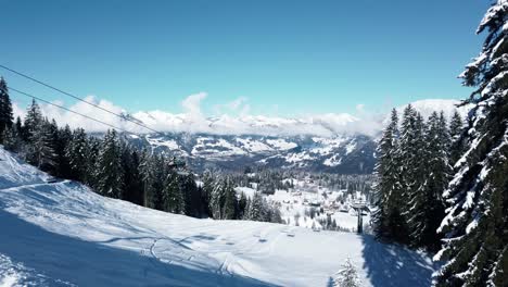 Winteralpenberg-Mit-Schnee-Im-Vordergrund-Und-Pinien-An-Der-Seite
