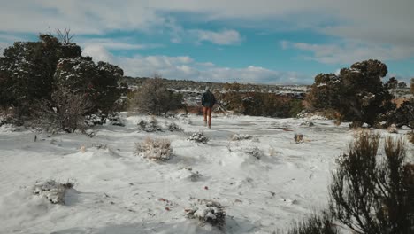 Hombre-Explorando-El-Desierto-Nevado-Después-De-Una-Tormenta-De-Nieve-En-El-Desierto-En-Temperaturas-Heladas
