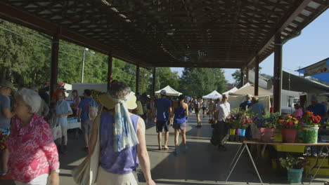 Timelapse-Of-Shoppers-Walking-And-Buying-At-Farmer's-Market-In-North-Carolina,-USA