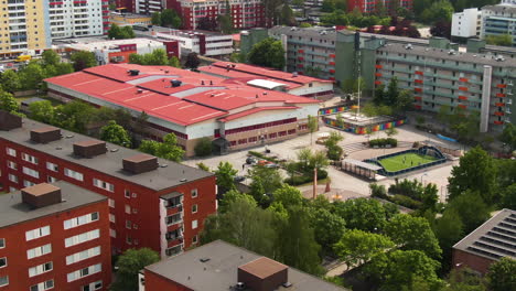 Colorful-school-and-apartment-buildings-of-Solna-municipality-in-Stockholm,-Sweden