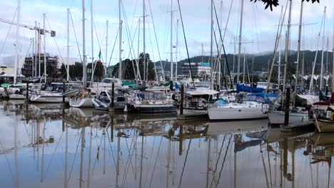 Boats-docked-and-moored-in-the-harbour-on-a-calm,-quiet-day-at-Whangārei,-New-Zealand