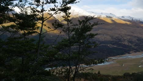 Nahaufnahme-Von-Grünen-Bäumen-Auf-Einem-Hügel-Und-Wunderschönen-Bergen-Im-Hintergrund-Und-Einem-Fluss-Im-Tal---Rees-Valley-In-Neuseeland