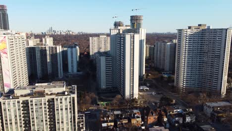 4k-ascending-drone-shot-of-SJT-community-in-downtown-Toronto-with-a-view-of-tall-high-rise-apartment-towers