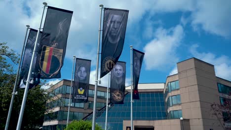 Flags-with-Belgian-soccer-logo-and-Eden-Hazard-at-the-headquarters-of-the-Royal-Belgian-Football-Association-in-Brussels,-Belgium