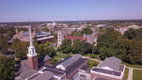 Forward-aerial-of-buildings-and-trees-at-campus-of-Hope-College,-MI