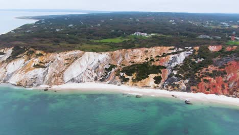 Views-of-the-Gay-Head-Cliffs-of-Clay,-located-on-the-town-of-Aquinnah-western-most-part-of-the-island-of-Martha's-Vineyard,-Massachusetts,-USA---aerial-drone-shot