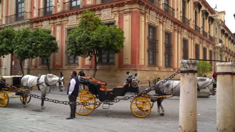 Pan-over-parked-horse-carriages-and-people-in-Seville,-Spain