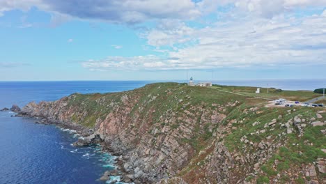 Aerial-Top-Notch-fly-above-Estaca-de-Bares-lighthouse-in-Galicia,-North-of-Spain,-cliff-and-sea-view