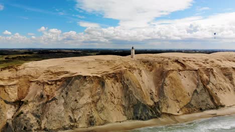 Aerial-view-of-the-Lighthouse-at-Rubjerg-Knude-by-the-North-Sea,-Denmark
