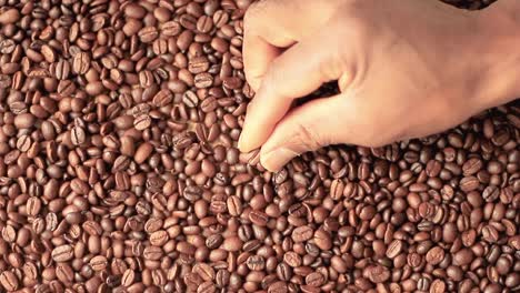 Geröstete-Braune-Kaffeebohnen-In-Einem-Haufen-Mit-Der-Hand-Stockvideo