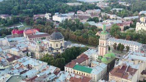 Aerial-of-a-church-in-Lviv-Ukraine-on-a-summer-day-surrounded-by-European-city-buildings-near-Rynok-Square