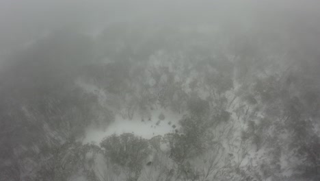 Snowy-winter-aerial-thru-cloud:-Cricket-Pitch-tent-camp,-Mt-Stirling