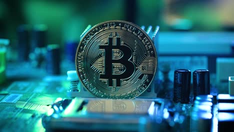 Digitales-Währungskonzept,-Bitcoin-Auf-Der-Hauptplatine-Des-Computers,-Bitcoin-Mining