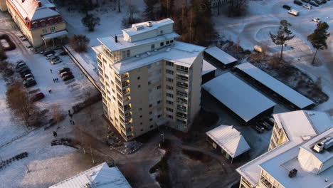 Aerial-view-of-an-apartment-building-in-Sundsvall,-Sweden