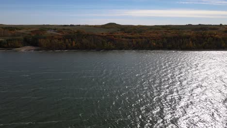 Aerial-orbiting-camera-movement-above-Buffalo-Lake-in-Alberta-during-a-sunny-autumn-day