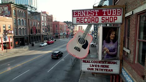 Record-shop-aerial-on-broadway-street-in-nashville-tennessee