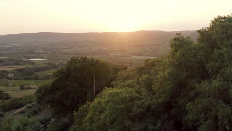Drohne,-Die-Während-Eines-Wunderschönen-Sonnenuntergangs-In-Der-Provence-In-Frankreich-Neben-Einem-Baum-Aufsteigt