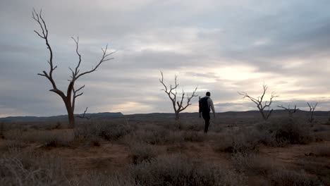 Low-angle-shot,-Man-with-backpack-walking-on-Dramatic-Landscape,-Cloudy-sky,-Outback