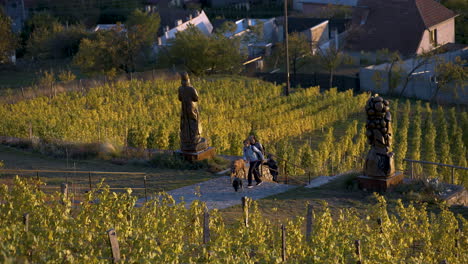Family-with-dogs-taking-a-walk-in-a-vineyard-with-statues-in-Moravia