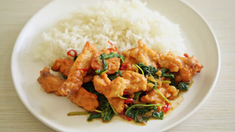 Gebratener-Gebratener-Fisch-Mit-Basilikum-Und-Chili-Nach-Thailändischer-Art,-Garniert-Mit-Reis---Asiatische-Küche