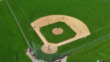 High-aerial-view-of-Little-League-baseball-game