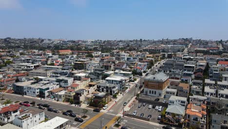 Aerial-view-overlooking-the-cityscape-of-Hermosa,-in-sunny-Los-Angeles,-USA---rising,-drone-shot