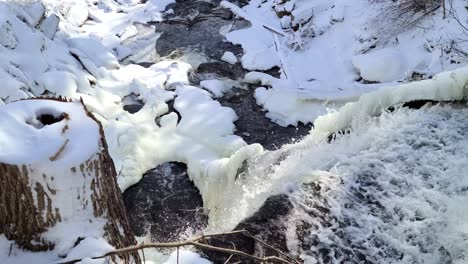 Wasserfall-Und-Bach-Durch-Verschneite-Landschaft-Am-Niagara-Steilhang