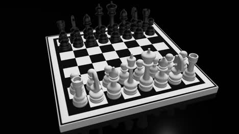 Das-Schachbrett-Dreht-Sich-In-Einer-Schleifenanimation,-Wobei-Die-Schachfiguren-Auf-Dem-Glänzenden-Schachbrett-4k-Stehen
