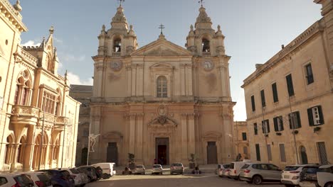 Metropolitan-Cathedral-of-Saint-Paul-on-a-Sunny-Day-in-Mdina,-Malta
