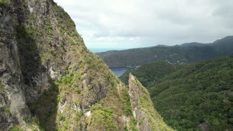 Close-proximity-pass-by-Petit-Piton,-revealing-Soufriere-Bay,-in-Saint-Lucia