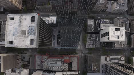 Top-down-aerial-shot-of-Rainier-Square-Tower's-unique-architecture-in-Seattle,-Washington