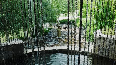 Slow-motion-cascading-waterfall-feature-in-park-area-of-ethnographical-complex