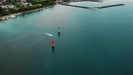 Beautiful-cinematic-Sanur-beach,-Bali-drone-footage-with-interesting-landscape,-fishing-boats-and-calm-weather