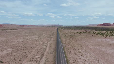 Coche-Que-Viaja-En-La-Carretera-Del-Desierto-De-La-Reserva-Navajo-En-Arizona---Antena