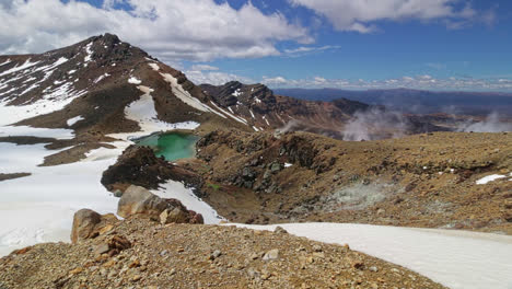 Establishing-shot-tongariro-national-park-Landscape,-Snowy-mountain-with-steam-from-geothermal-lagoons,-New-Zealand