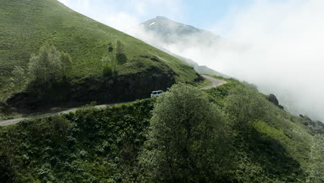 Tskhratskaro-Pass-With-Car-Driving-During-Foggy-Day-In-Samtskhe-Javakheti,-Georgia