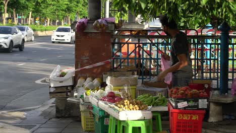 Man-selling-fruits-outside-Lumpini-Park-on-a-sunny-morning-in-Bangkok