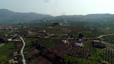 Luftübersicht-über-Wunderschönes-Ackerland-Mit-Oliven--Und-Orangenkulturen,-Die-In-Sizilien,-Italien,-über-Hügeligem-Gelände-Bei-Tag-Angebaut-Werden,-Mit-Blick-Auf-Ein-Kleines-Dorf-In-Der-Ferne