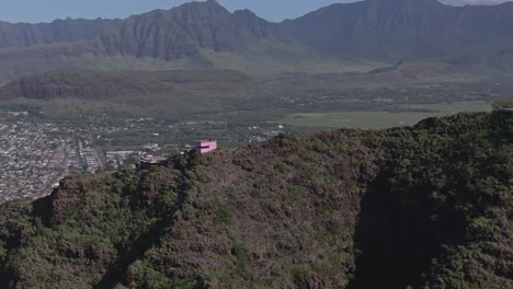 Aerial-view-of-Pink-pillbox-on-Oahu's-westside-on-a-sunny-day