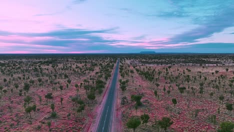 Eine-Gerade-Straße,-Die-Durch-Die-Rote-Outback-Wüste-Führt-Und-In-Richtung-Horizont-Führt