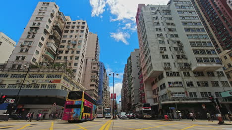 Frenzied-street-activity-time-lapse-between-Mong-Kok-buildings,-Hong-Kong